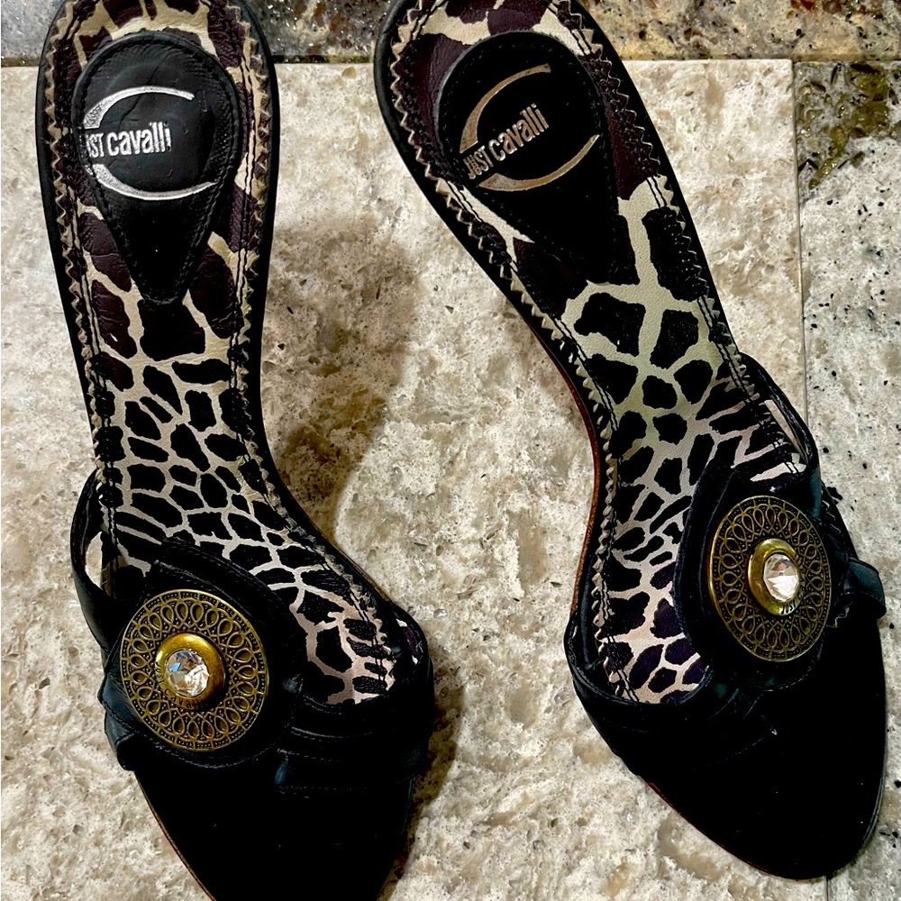 Just Cavalli by Roberto Cavalli Black leather Crystal embellish sandals size 39